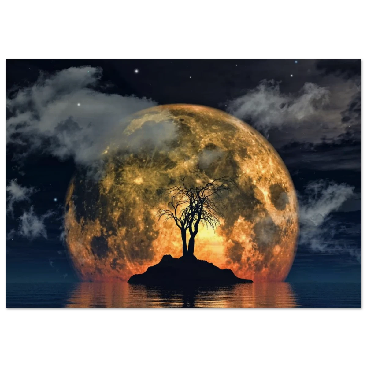 "Lunar Eclipse Isle" – A Celestial Nightscape Awakened by the Moon Fine Art Digital Illustration | Surreal Moonlit Scene - Wood Prints - 70x100 cm / 28x40″ -