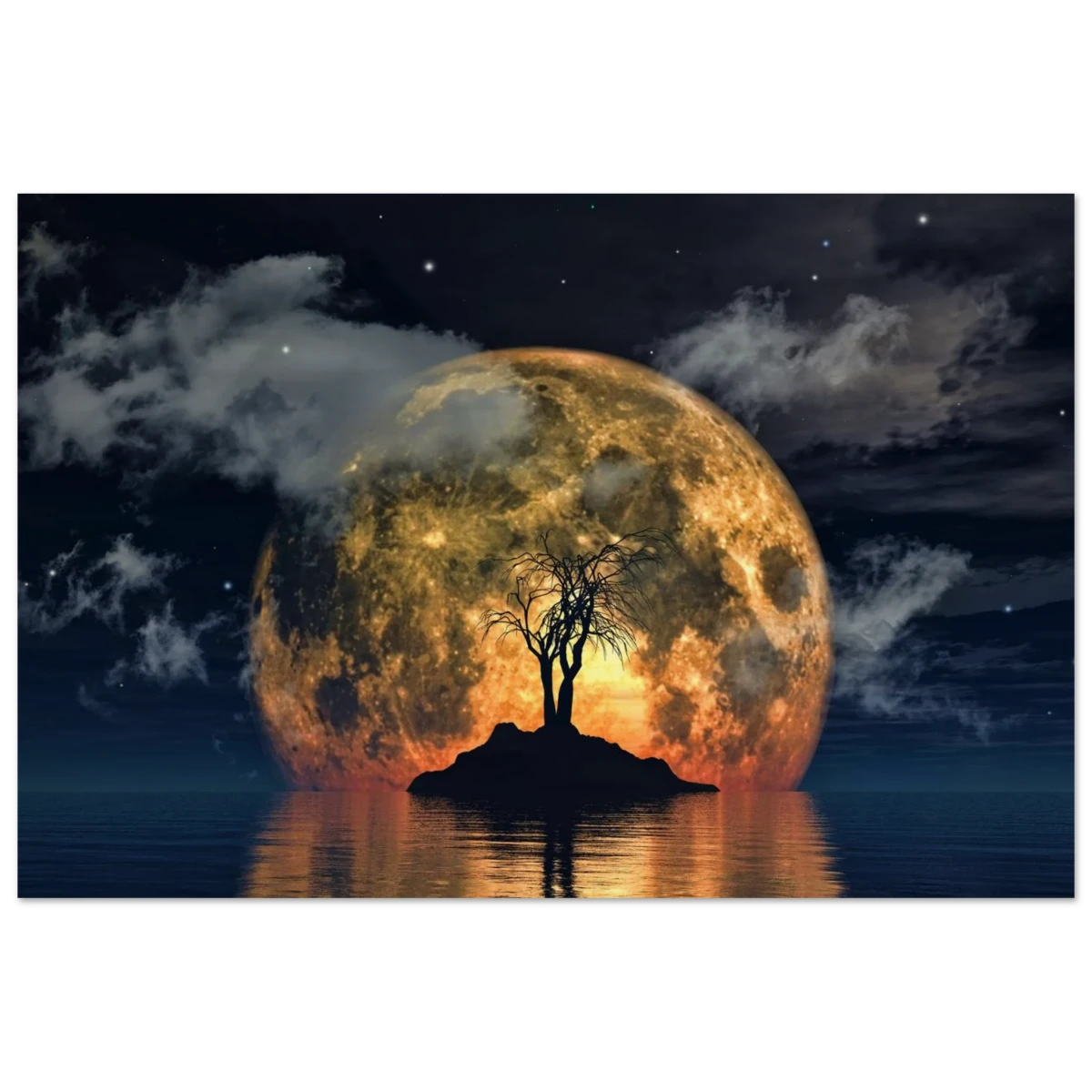 "Lunar Eclipse Isle" – A Celestial Nightscape Awakened by the Moon Fine Art Digital Illustration | Surreal Moonlit Scene - Wood Prints - 40x60 cm / 16x24″ -