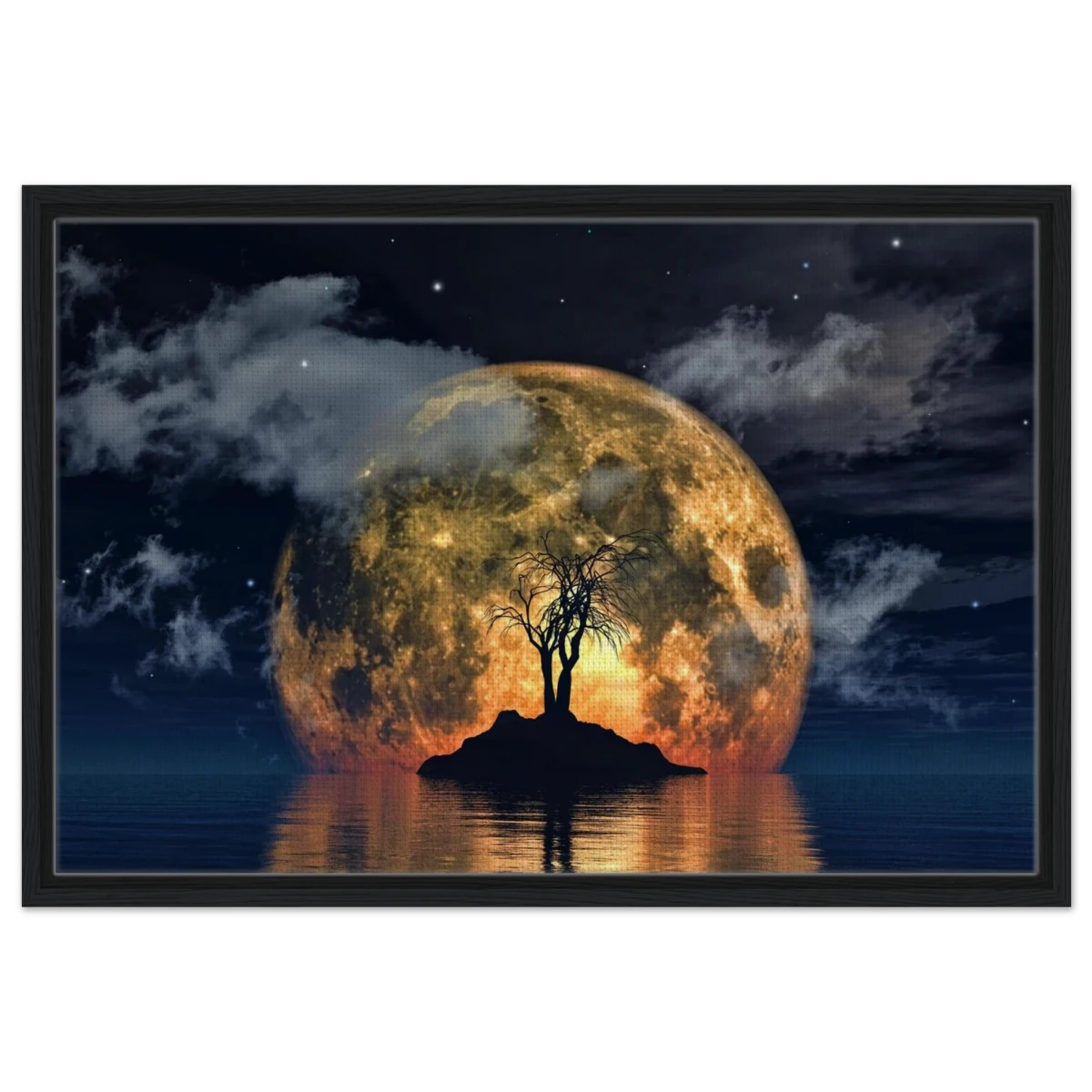 "Lunar Eclipse Isle" – A Celestial Nightscape Awakened by the Moon Fine Art Digital Illustration | Surreal Moonlit Scene - Framed Canvas - 50x75 cm / 20x30″ - Black frame