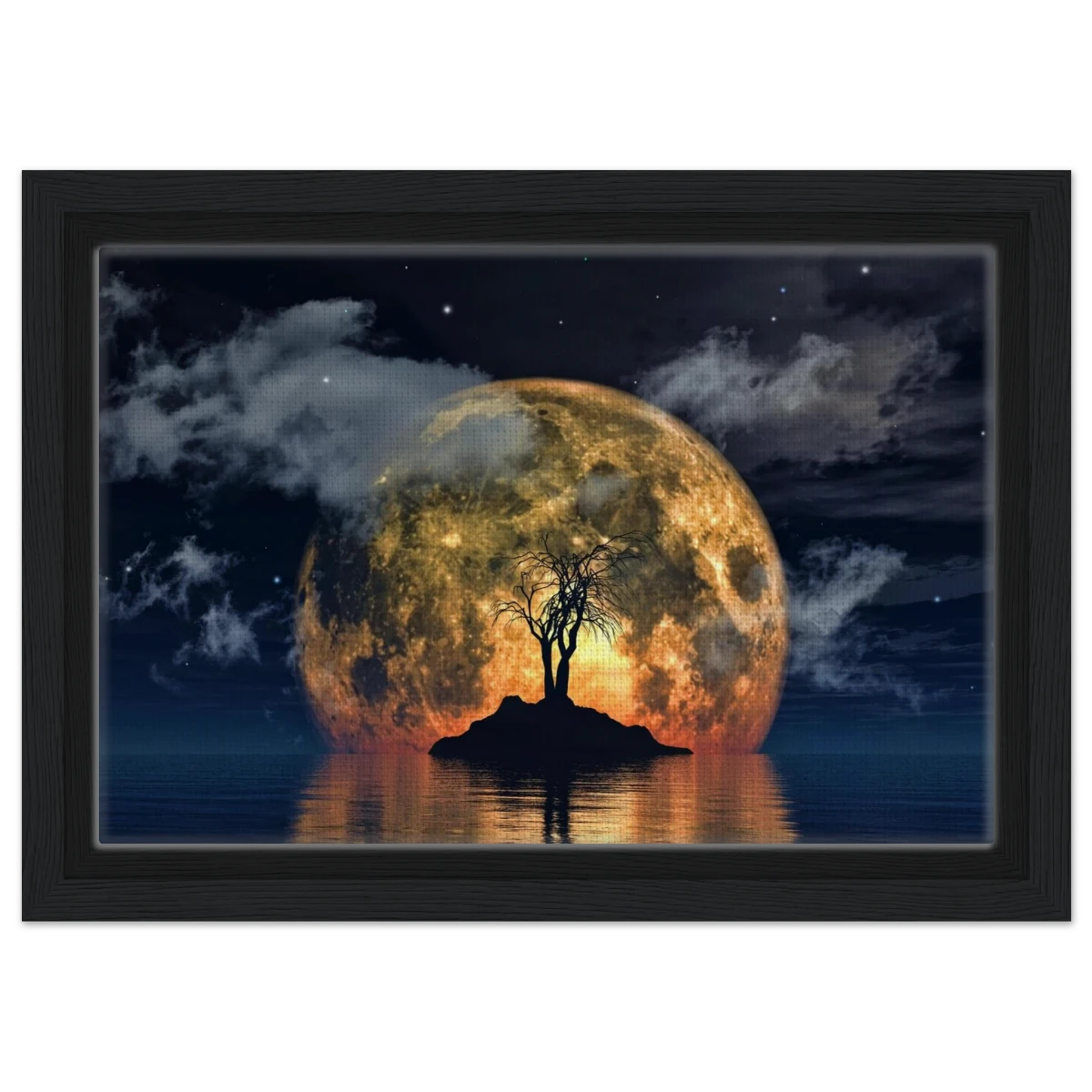 "Lunar Eclipse Isle" – A Celestial Nightscape Awakened by the Moon Fine Art Digital Illustration | Surreal Moonlit Scene - Framed Canvas - 20x30 cm / 8x12″ - Black frame
