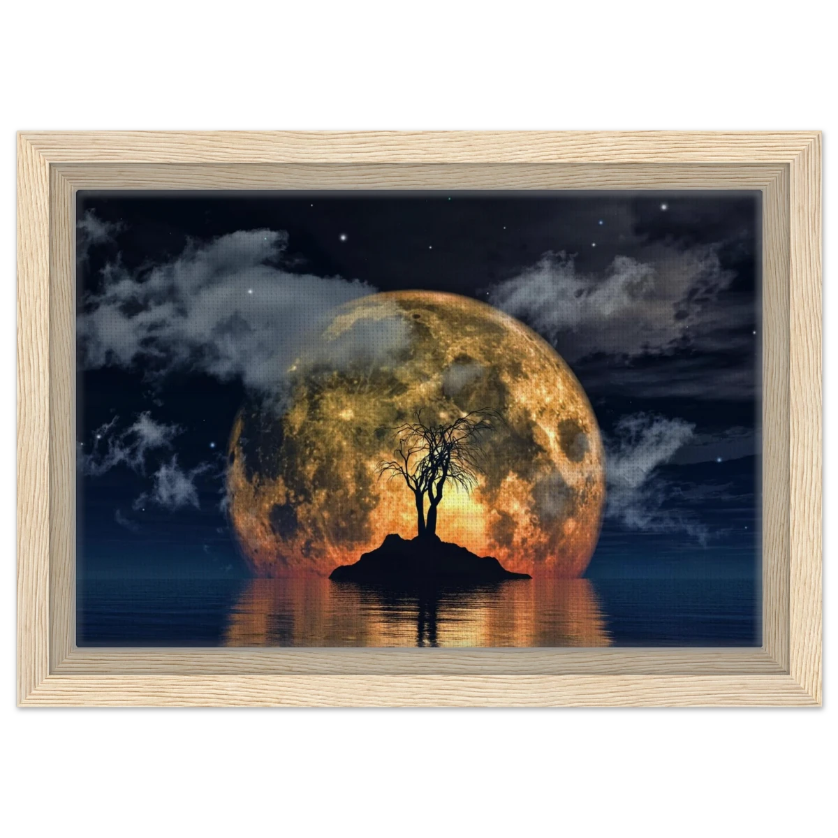 "Lunar Eclipse Isle" – A Celestial Nightscape Awakened by the Moon Fine Art Digital Illustration | Surreal Moonlit Scene - Framed Canvas - 20x30 cm / 8x12″ - Wood frame