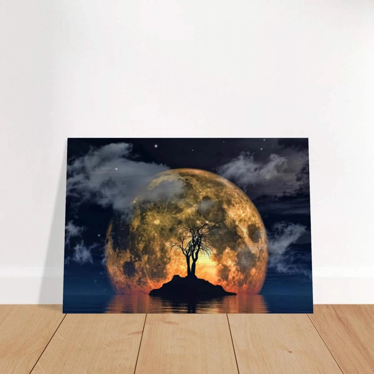 "Lunar Eclipse Isle" – A Celestial Nightscape Awakened by the Moon Fine Art Digital Illustration | Surreal Moonlit Scene - Brushed Aluminum Print - 70x100 cm / 28x40″ -