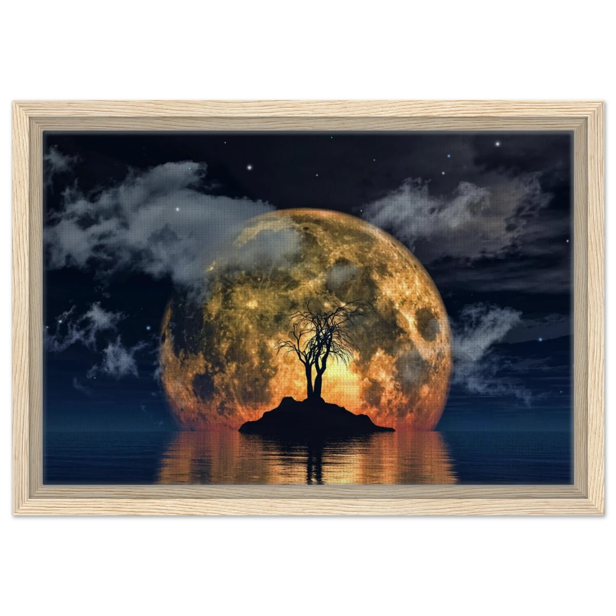 "Lunar Eclipse Isle" – A Celestial Nightscape Awakened by the Moon Fine Art Digital Illustration | Surreal Moonlit Scene - Framed Canvas - 30x45 cm / 12x18″ - Wood frame