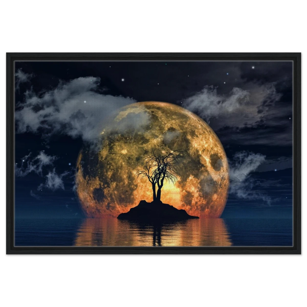 "Lunar Eclipse Isle" – A Celestial Nightscape Awakened by the Moon Fine Art Digital Illustration | Surreal Moonlit Scene - Framed Canvas - 60x90 cm / 24x36″ - Black frame