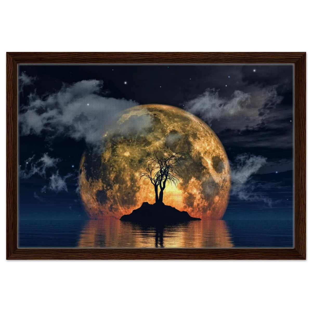 "Lunar Eclipse Isle" – A Celestial Nightscape Awakened by the Moon Fine Art Digital Illustration | Surreal Moonlit Scene - Framed Canvas - 40x60 cm / 16x24″ - Dark wood frame
