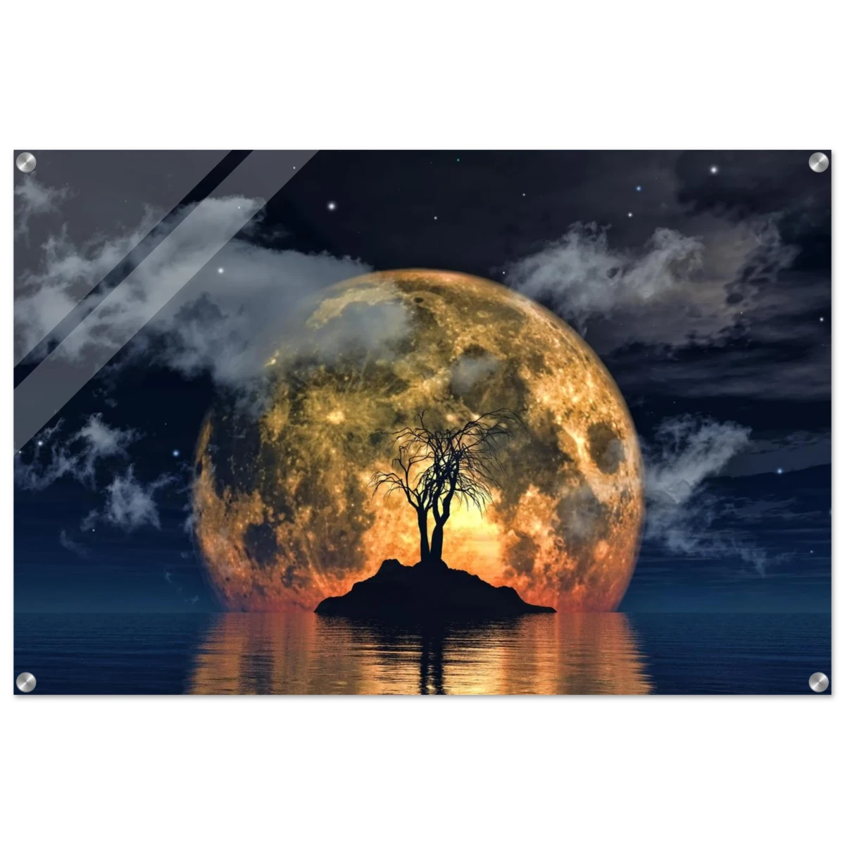 "Lunar Eclipse Isle" – A Celestial Nightscape Awakened by the Moon Fine Art Digital Illustration | Surreal Moonlit Scene - Acrylic Print - 60x90 cm / 24x36″ -