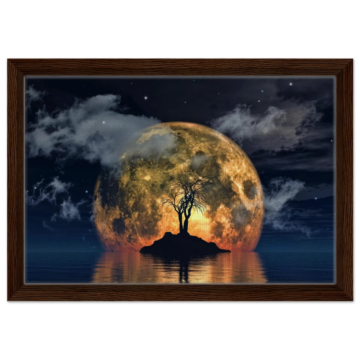 "Lunar Eclipse Isle" – A Celestial Nightscape Awakened by the Moon Fine Art Digital Illustration | Surreal Moonlit Scene - Framed Canvas - 30x45 cm / 12x18″ - Dark wood frame