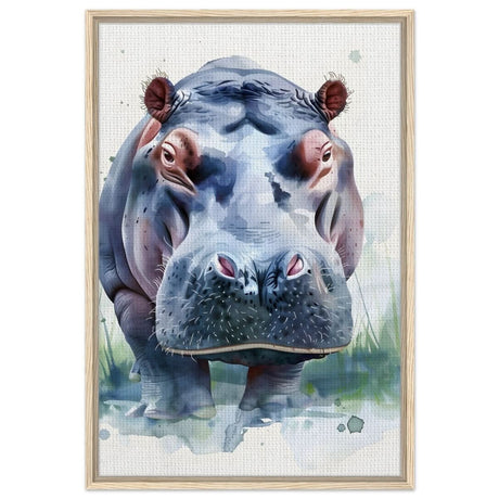 Majestic Hippo Watercolor | Contemporary Watercolor Illustration Wall art Print - 60x90 cm / 24x36″ - Framed Canvas - Wood frame