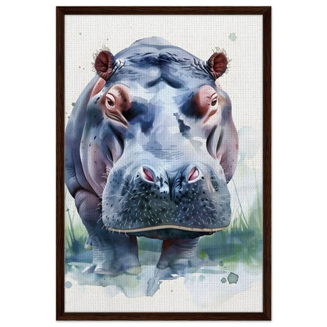 Majestic Hippo Watercolor | Contemporary Watercolor Illustration Wall art Print - 60x90 cm / 24x36″ - Framed Canvas - Dark wood frame