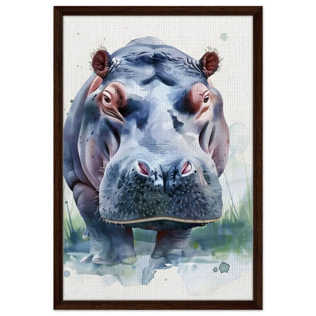 Majestic Hippo Watercolor | Contemporary Watercolor Illustration Wall art Print - 50x75 cm / 20x30″ - Framed Canvas - Dark wood frame