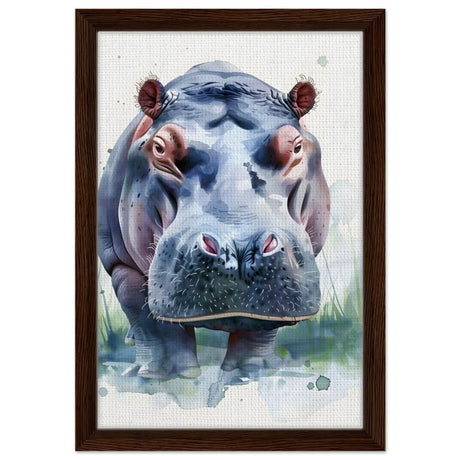 Majestic Hippo Watercolor | Contemporary Watercolor Illustration Wall art Print - 30x45 cm / 12x18″ - Framed Canvas - Dark wood frame