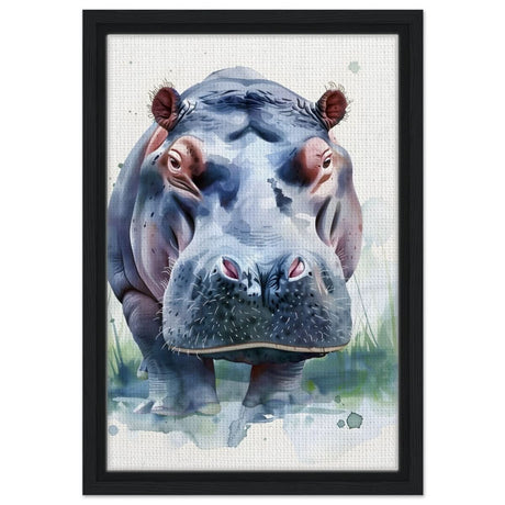 Majestic Hippo Watercolor | Contemporary Watercolor Illustration Wall art Print - 30x45 cm / 12x18″ - Framed Canvas - Black frame