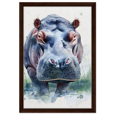 Majestic Hippo Watercolor | Contemporary Watercolor Illustration Wall art Print - 40x60 cm / 16x24″ - Framed Canvas - Dark wood frame