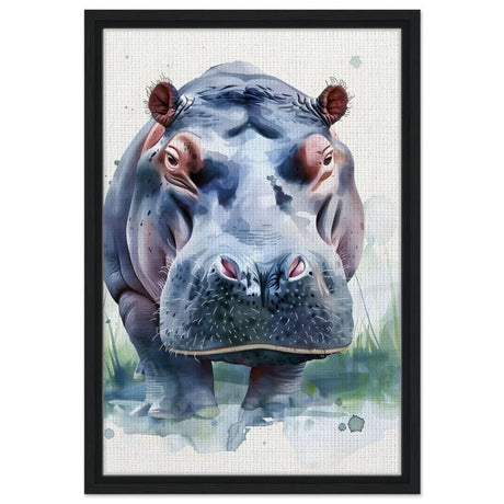 Majestic Hippo Watercolor | Contemporary Watercolor Illustration Wall art Print - 40x60 cm / 16x24″ - Framed Canvas - Black frame