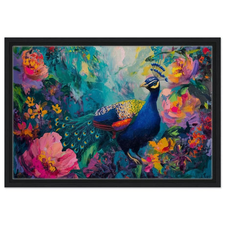 Majestic Peacock in Bloom: A Celebration of Nature's Grandeur | Contemporary Impressionist Wildlife Painting - Framed Canvas - 40x60 cm / 16x24″ - Black frame