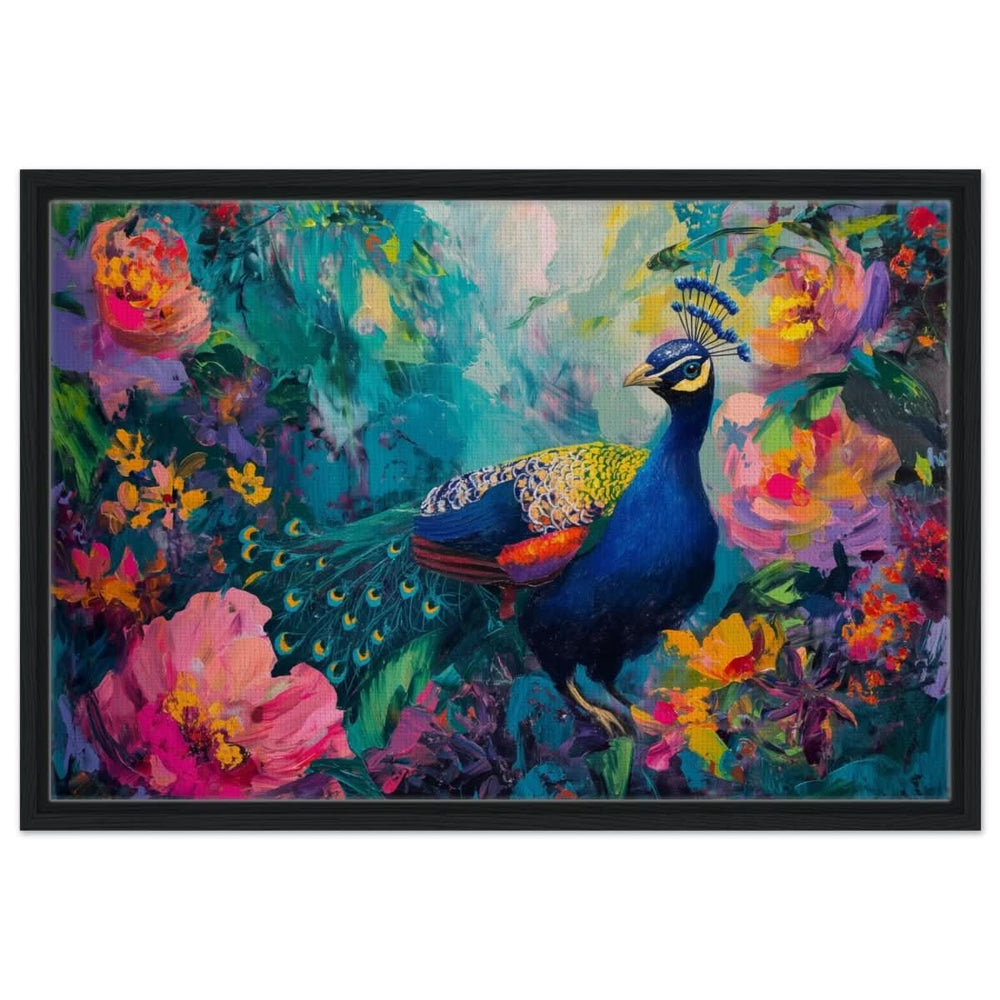Majestic Peacock in Bloom: A Celebration of Nature's Grandeur | Contemporary Impressionist Wildlife Painting - Framed Canvas - 50x75 cm / 20x30″ - Black frame
