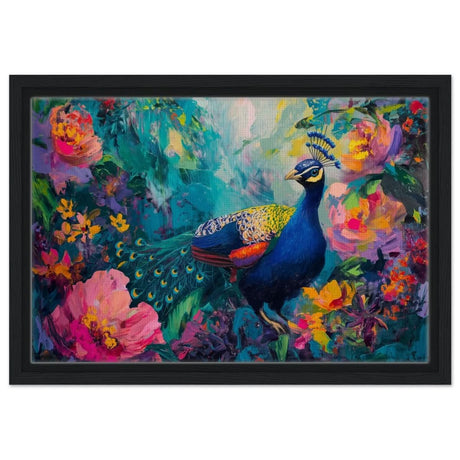 Majestic Peacock in Bloom: A Celebration of Nature's Grandeur | Contemporary Impressionist Wildlife Painting - Framed Canvas - 30x45 cm / 12x18″ - Black frame