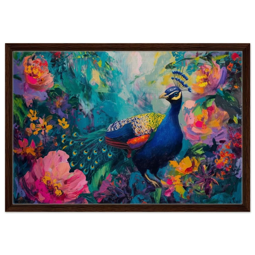 Majestic Peacock in Bloom: A Celebration of Nature's Grandeur | Contemporary Impressionist Wildlife Painting - Framed Canvas - 50x75 cm / 20x30″ - Dark wood frame