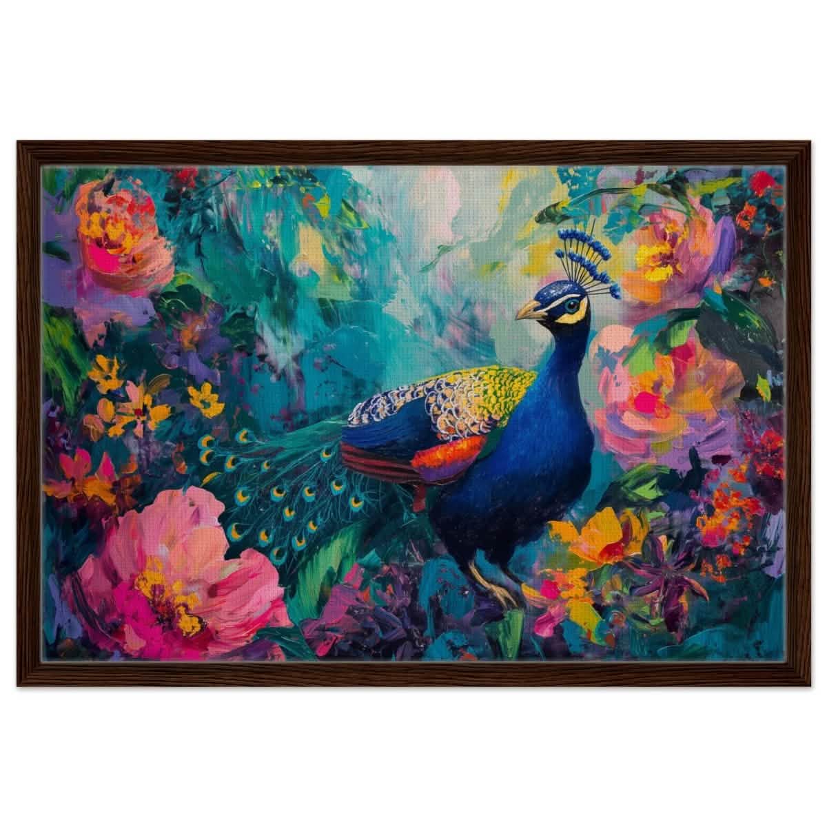 Majestic Peacock in Bloom: A Celebration of Nature's Grandeur | Contemporary Impressionist Wildlife Painting - Framed Canvas - 50x75 cm / 20x30″ - Dark wood frame