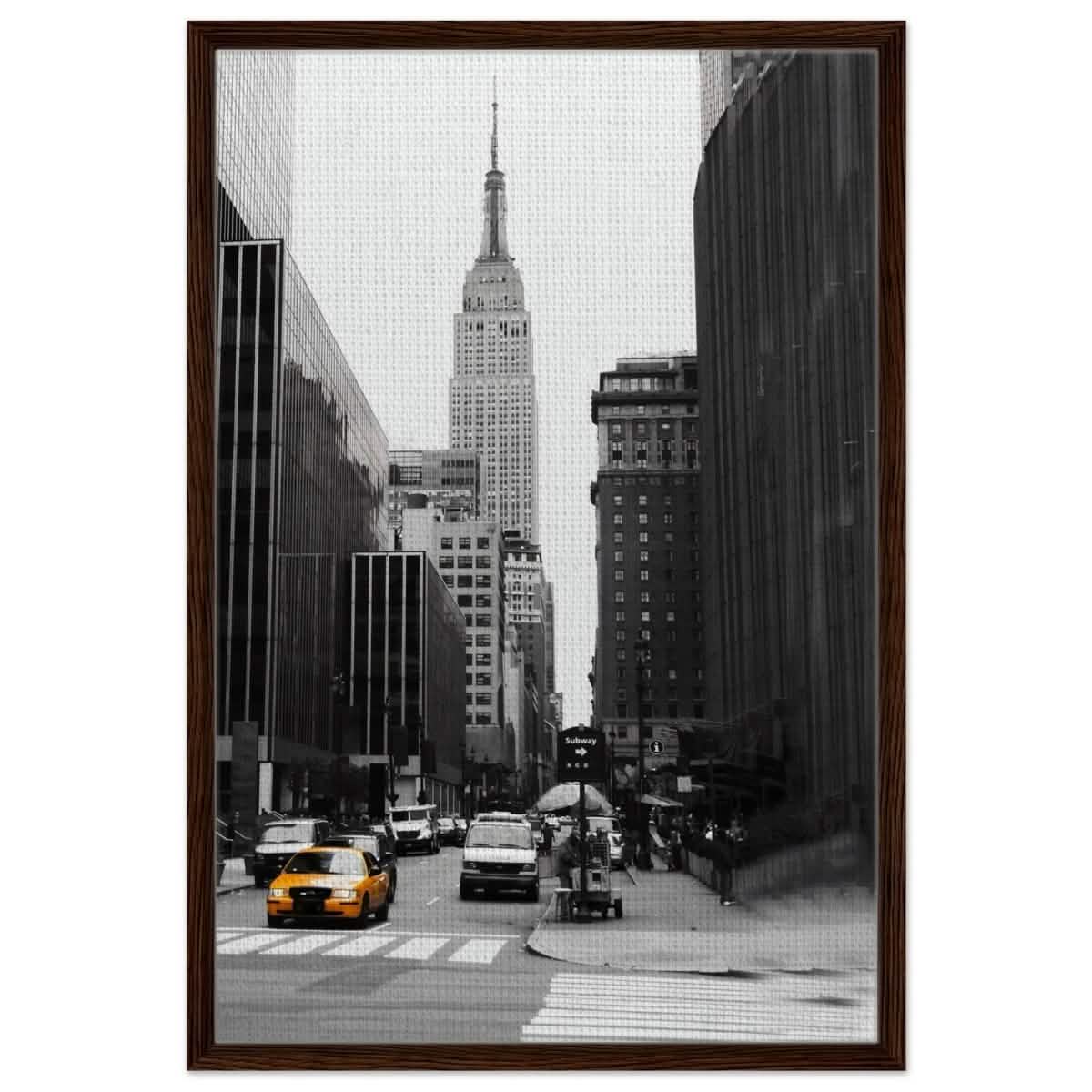Manhattan Moments - Empire State Tower and Yellow Cab - Framed Canvas - 60x90 cm / 24x36″ - Dark wood frame