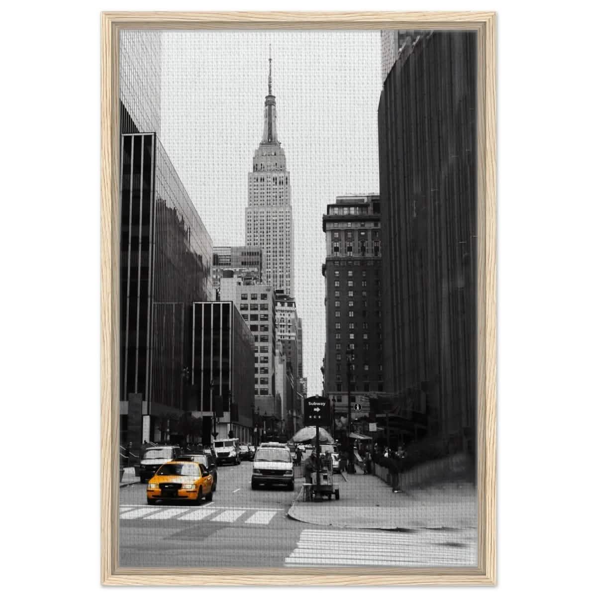 Manhattan Moments - Empire State Tower and Yellow Cab - Framed Canvas - 50x75 cm / 20x30″ - Wood frame