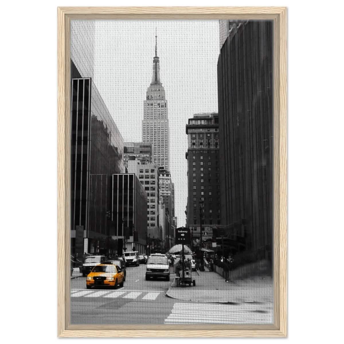 Manhattan Moments - Empire State Tower and Yellow Cab - Framed Canvas - 40x60 cm / 16x24″ - Wood frame
