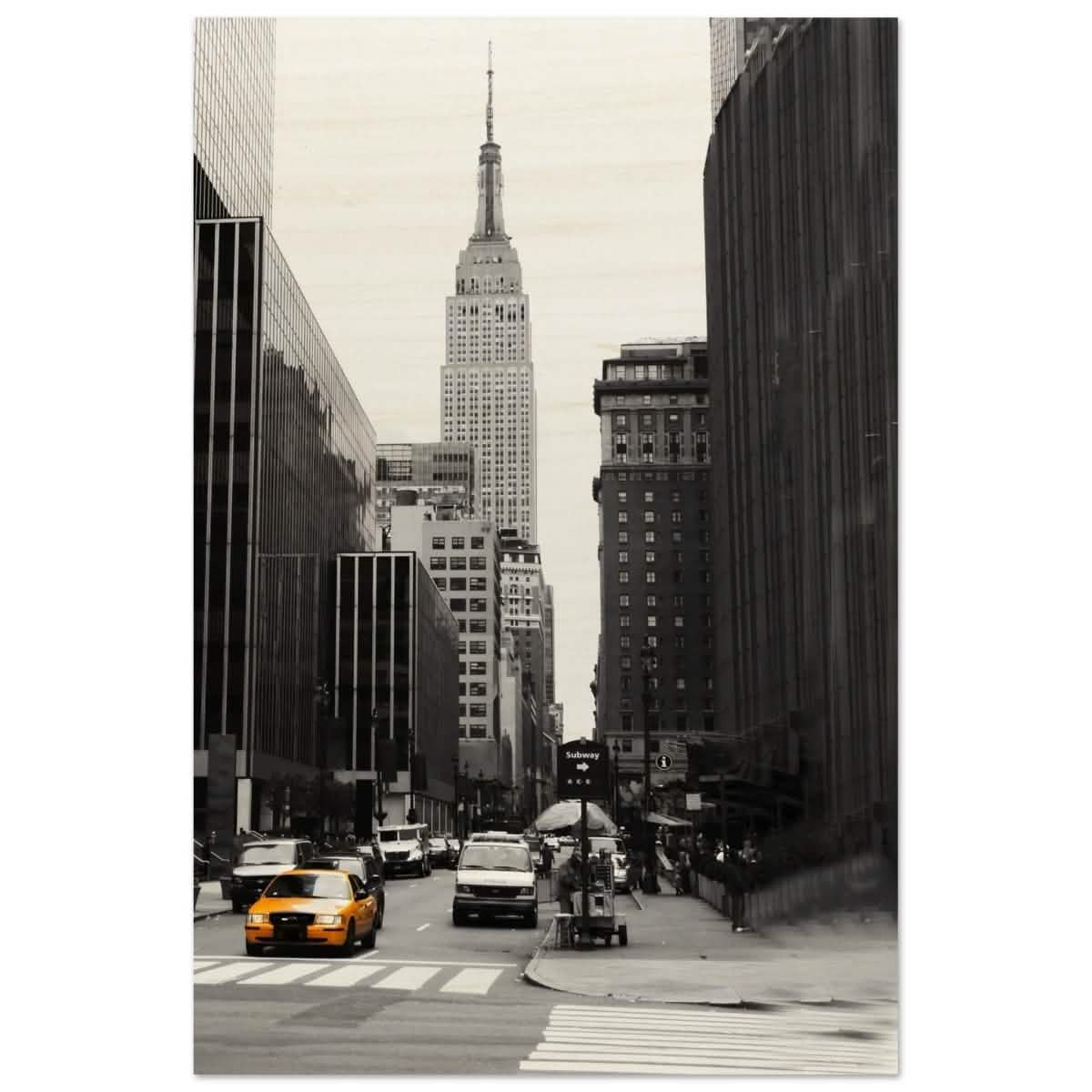 Manhattan Moments - Empire State Tower and Yellow Cab - Wood Prints - 50x75 cm / 20x30″ -