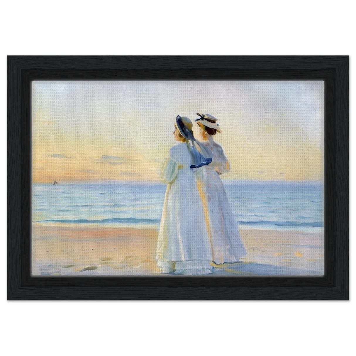 Marie Dinesen And Anna Bitch on Skagen Nordstrand by Michael Peter Ancher | Wall art Print - Framed Canvas - 20x30 cm / 8x12″ - Black frame