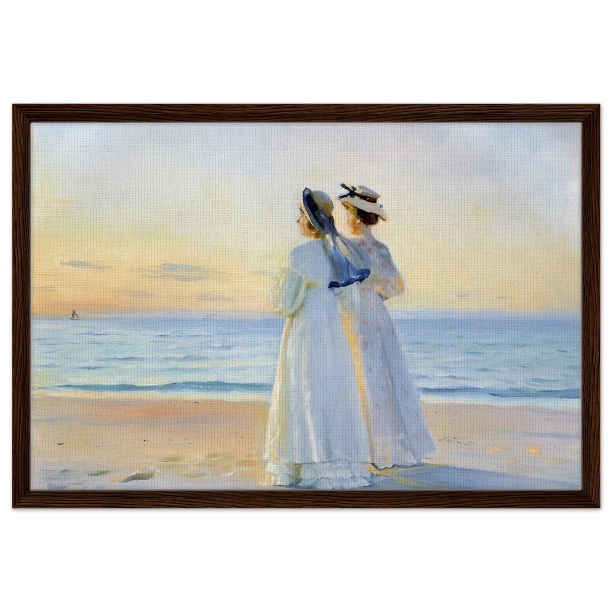 Marie Dinesen And Anna Bitch on Skagen Nordstrand by Michael Peter Ancher | Wall art Print - Framed Canvas - 50x75 cm / 20x30″ - Dark wood frame
