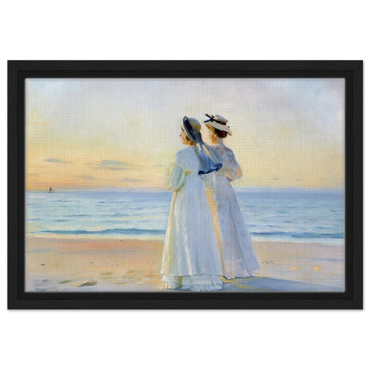 Marie Dinesen And Anna Bitch on Skagen Nordstrand by Michael Peter Ancher | Wall art Print - Framed Canvas - 30x45 cm / 12x18″ - Black frame