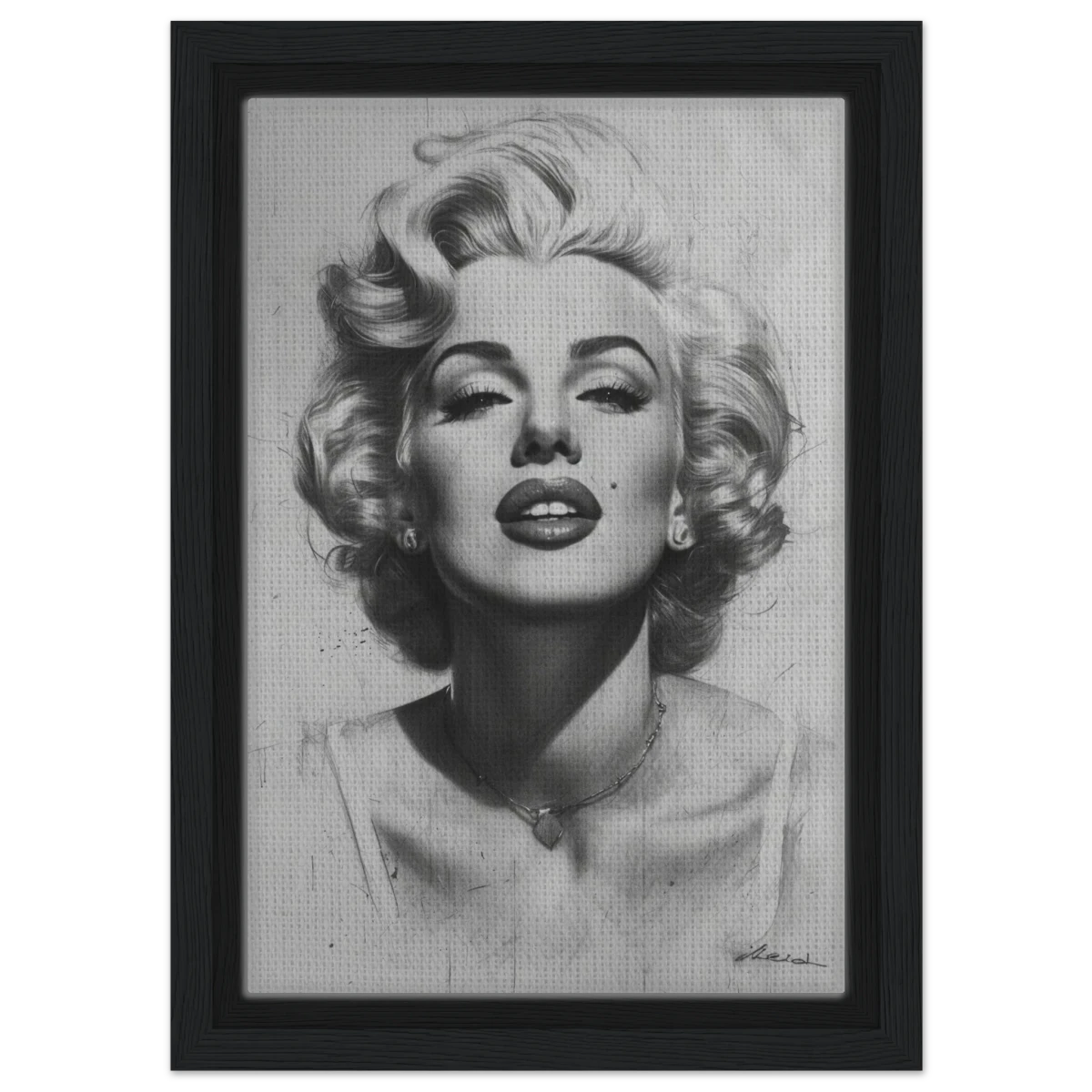 "Marilyn Monroe – Timeless Icon" – Black & White Glamour Portrait Wall Art Print - Framed Canvas - 20x30 cm / 8x12″ - Black frame