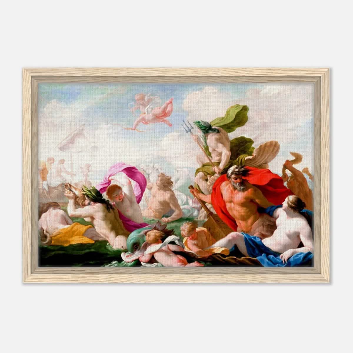 Marine Gods Paying Homage to Love by Eustache Le Sueur 1499 | Vintage wall art print - Framed Canvas - 30x45 cm / 12x18″ - Wood frame