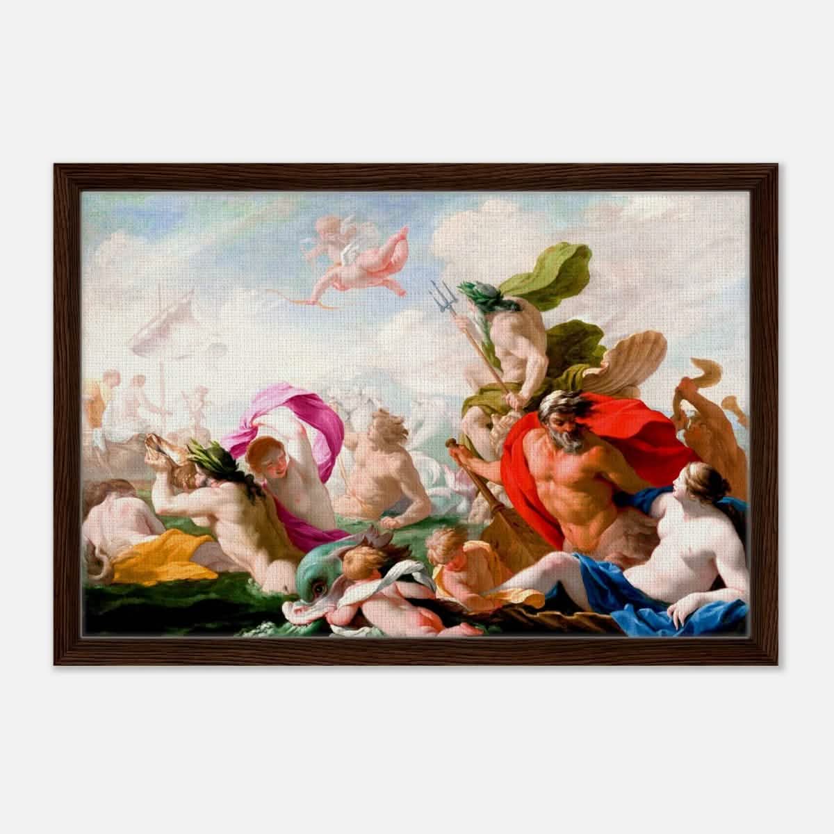 Marine Gods Paying Homage to Love by Eustache Le Sueur 1499 | Vintage wall art print - Framed Canvas - 40x60 cm / 16x24″ - Dark wood frame