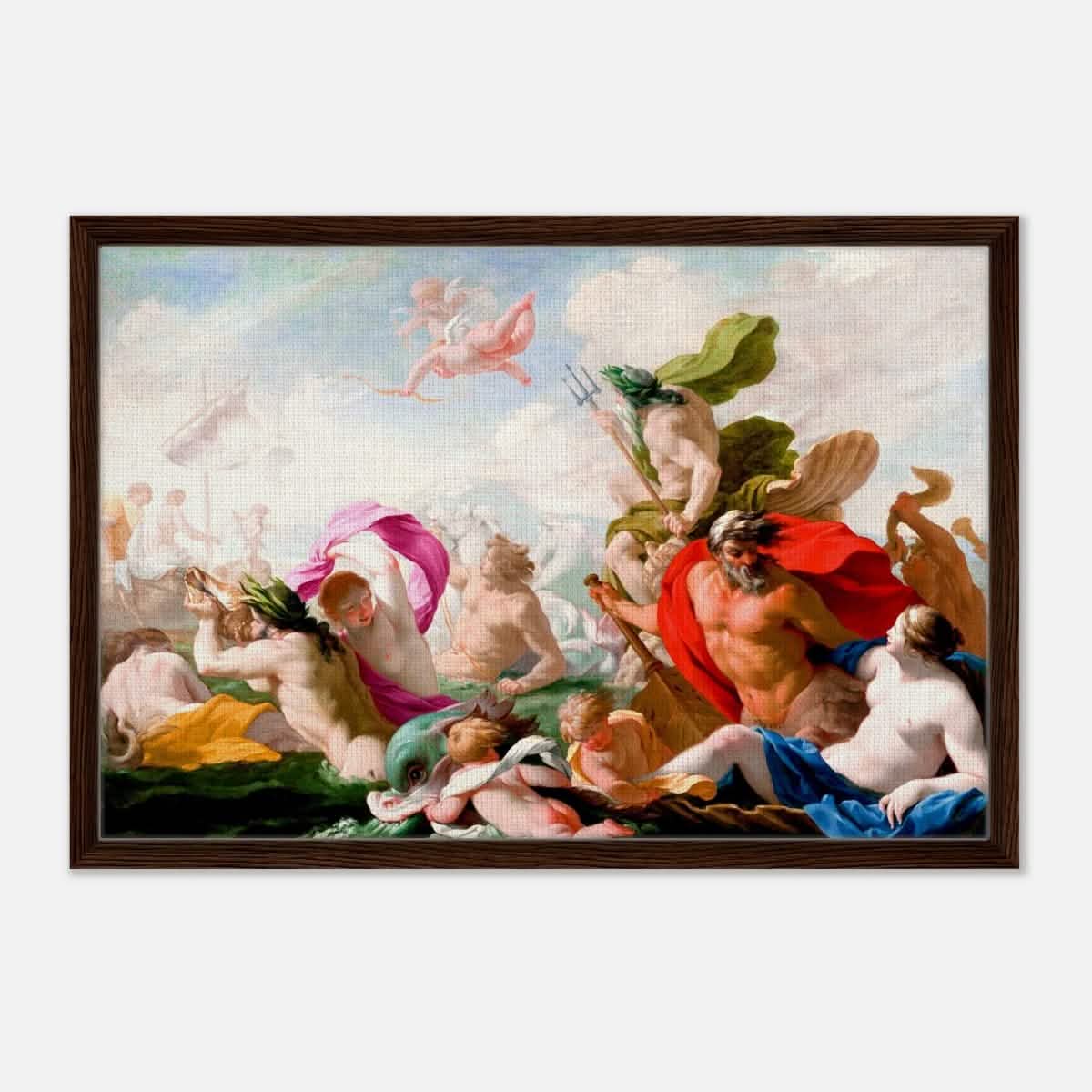 Marine Gods Paying Homage to Love by Eustache Le Sueur 1499 | Vintage wall art print - Framed Canvas - 50x75 cm / 20x30″ - Dark wood frame