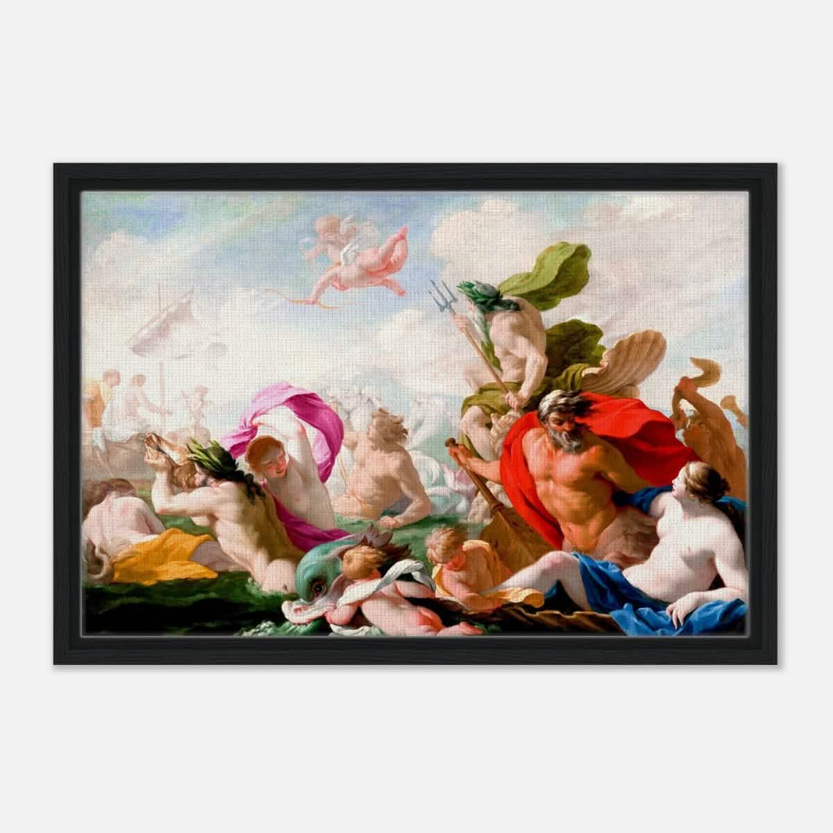 Marine Gods Paying Homage to Love by Eustache Le Sueur 1499 | Vintage wall art print - Framed Canvas - 40x60 cm / 16x24″ - Black frame