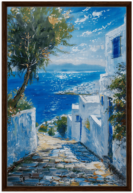 Mediterranean Bliss | Modern Impressionistic art print | Mediterranean Landscape art - Framed Canvas - 30x45 cm / 12x18″ - Dark wood frame