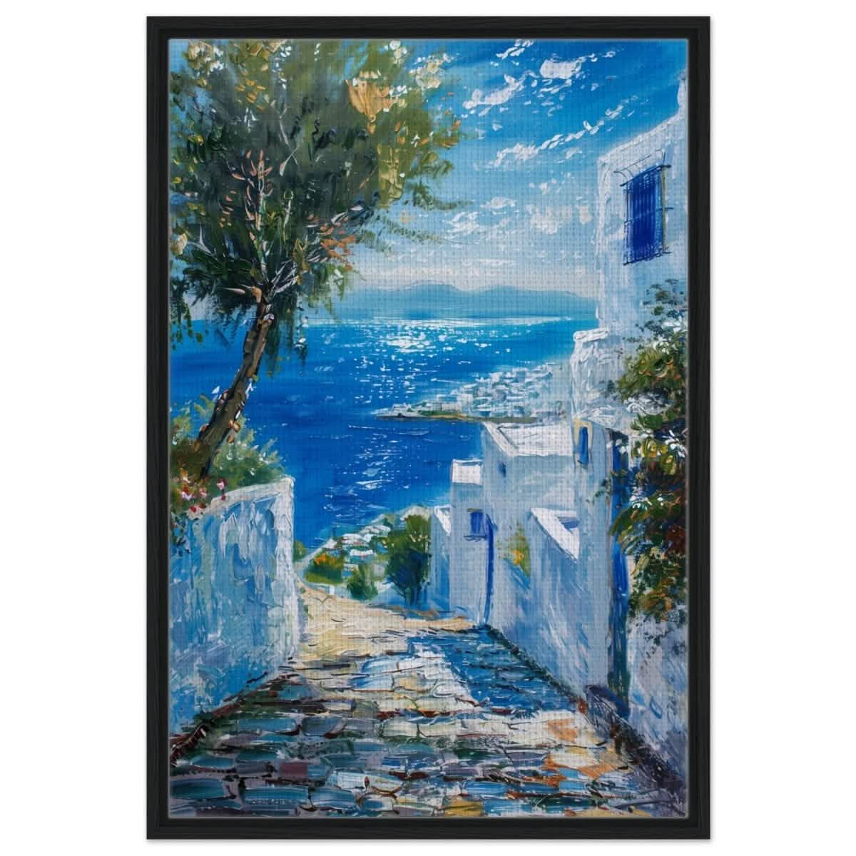 Mediterranean Bliss | Modern Impressionistic art print | Mediterranean Landscape art - Framed Canvas - 30x45 cm / 12x18″ - Black frame