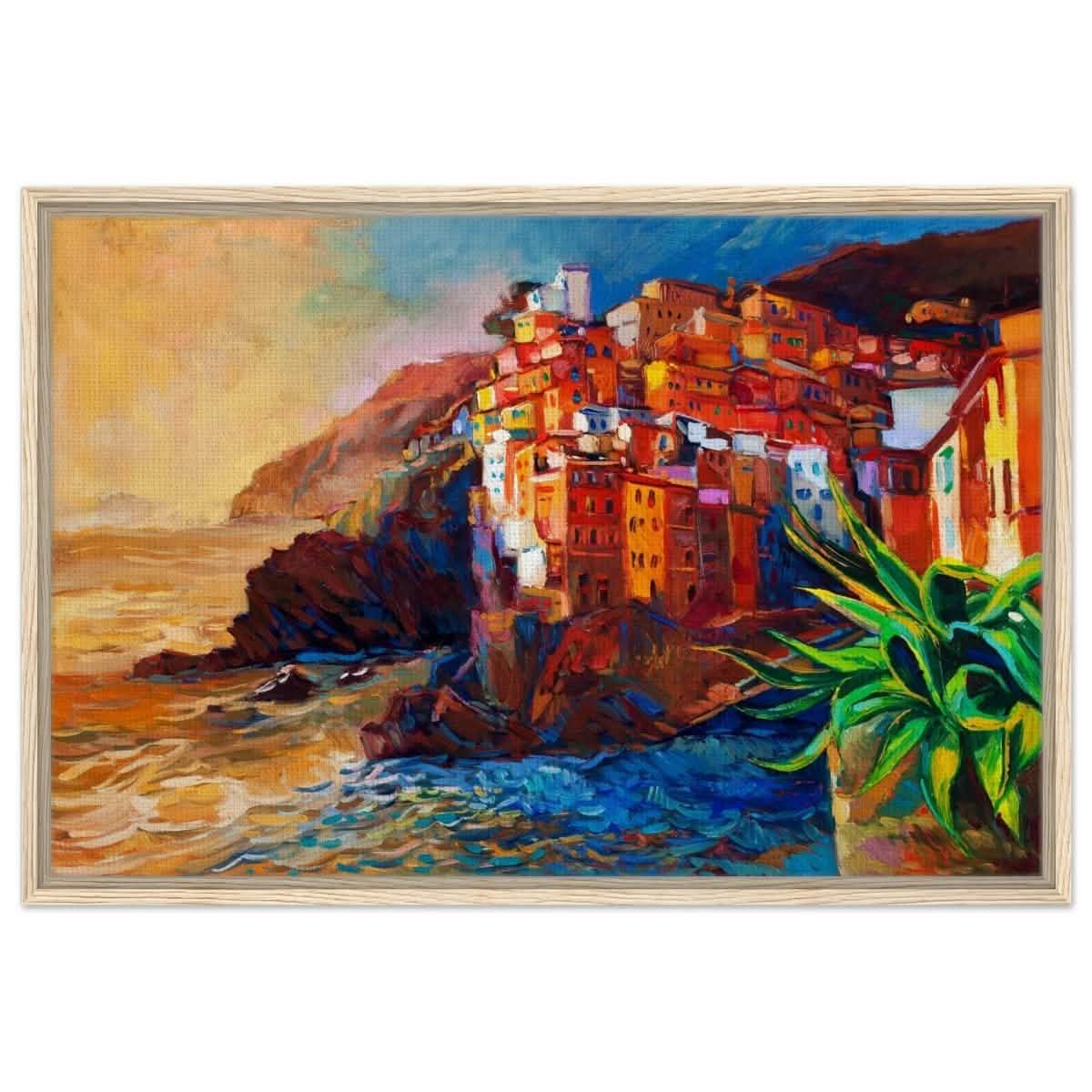 Mediterranean Glow: The Cliffside Hues | Wall art print | Post - Impressionism - Framed Canvas - 60x90 cm / 24x36″ - Wood frame