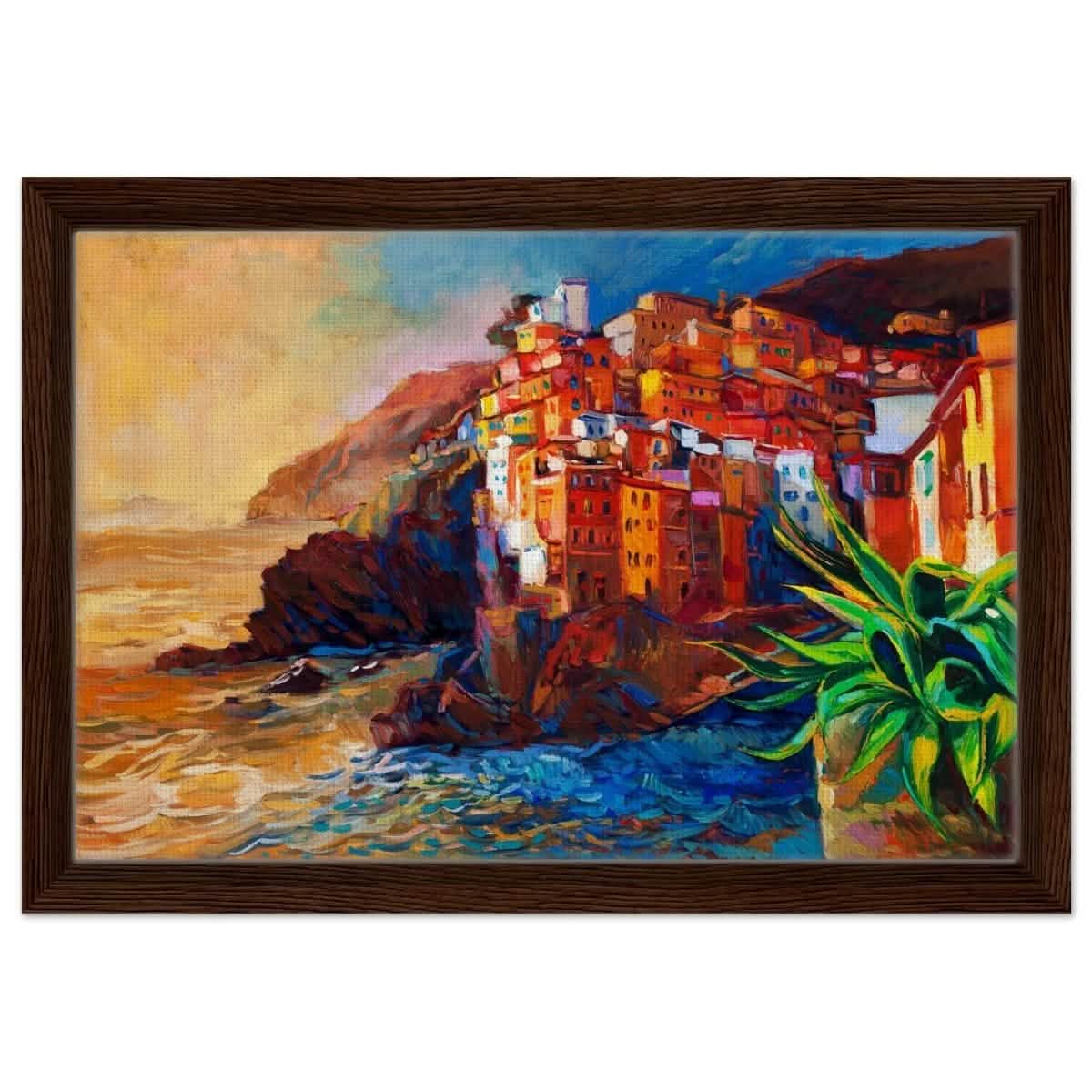 Mediterranean Glow: The Cliffside Hues | Wall art print | Post - Impressionism - Framed Canvas - 30x45 cm / 12x18″ - Dark wood frame