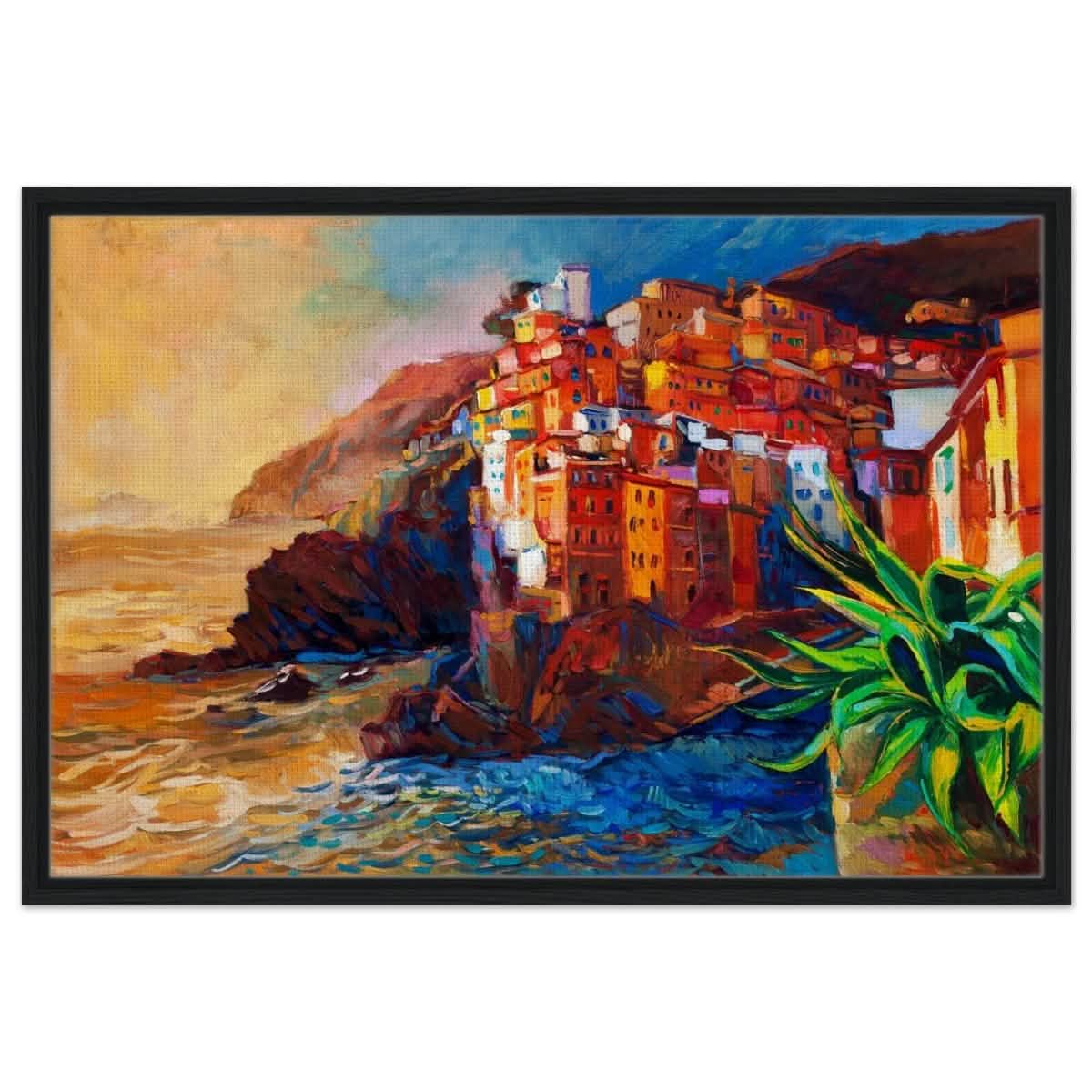 Mediterranean Glow: The Cliffside Hues | Wall art print | Post - Impressionism - Framed Canvas - 60x90 cm / 24x36″ - Black frame