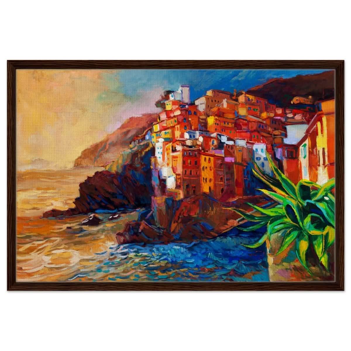 Mediterranean Glow: The Cliffside Hues | Wall art print | Post - Impressionism - Framed Canvas - 60x90 cm / 24x36″ - Dark wood frame