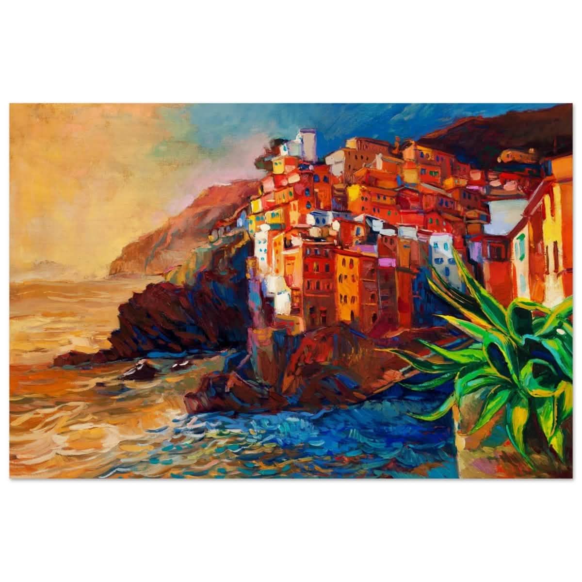 Mediterranean Glow: The Cliffside Hues | Wall art print | Post - Impressionism - Wood Prints - 50x75 cm / 20x30″ -