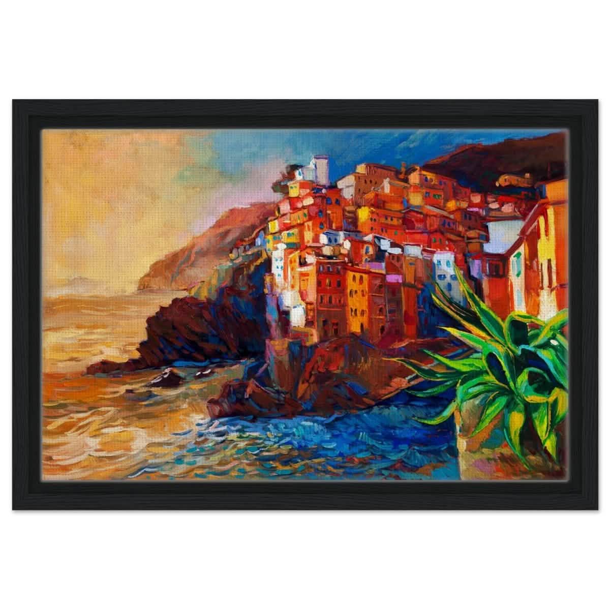 Mediterranean Glow: The Cliffside Hues | Wall art print | Post - Impressionism - Framed Canvas - 30x45 cm / 12x18″ - Black frame