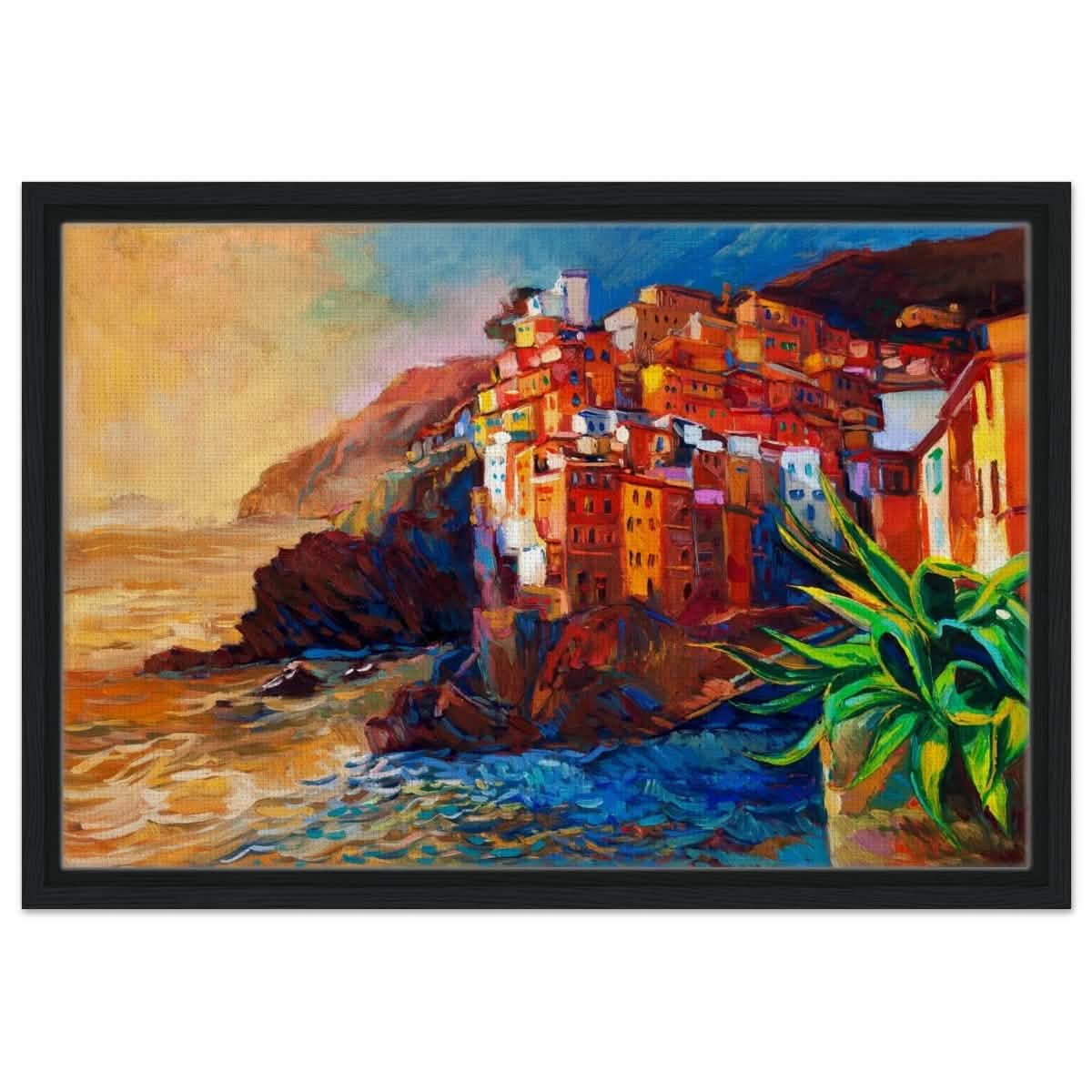 Mediterranean Glow: The Cliffside Hues | Wall art print | Post - Impressionism - Framed Canvas - 40x60 cm / 16x24″ - Black frame