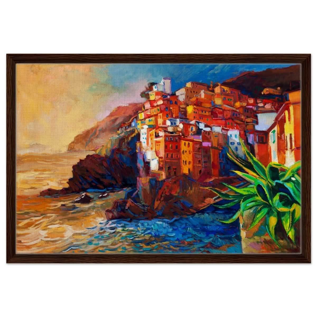 Mediterranean Glow: The Cliffside Hues | Wall art print | Post - Impressionism - Framed Canvas - 50x75 cm / 20x30″ - Dark wood frame