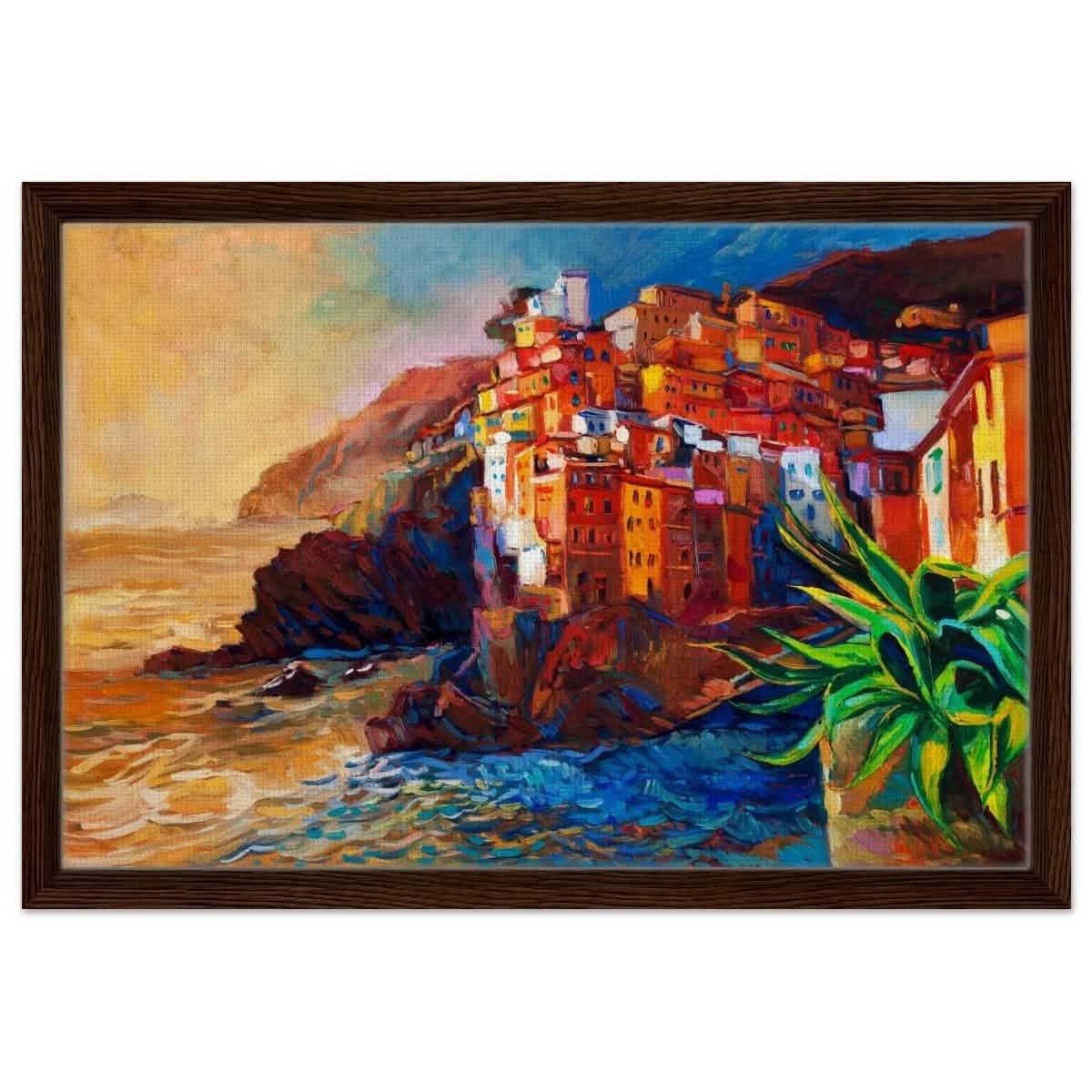 Mediterranean Glow: The Cliffside Hues | Wall art print | Post - Impressionism - Framed Canvas - 40x60 cm / 16x24″ - Dark wood frame