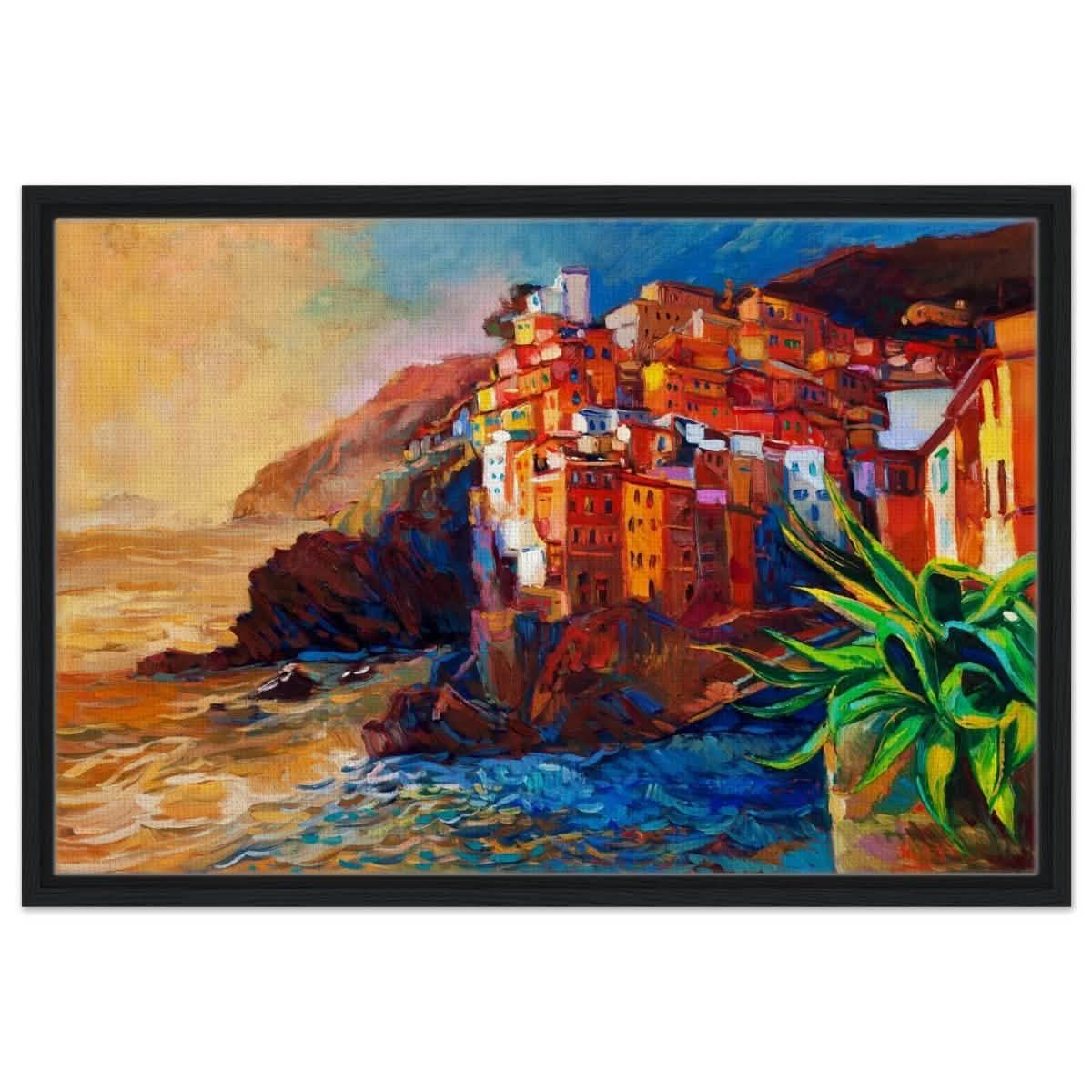 Mediterranean Glow: The Cliffside Hues | Wall art print | Post - Impressionism - Framed Canvas - 50x75 cm / 20x30″ - Black frame