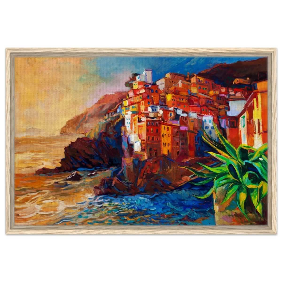 Mediterranean Glow: The Cliffside Hues | Wall art print | Post - Impressionism - Framed Canvas - 50x75 cm / 20x30″ - Wood frame