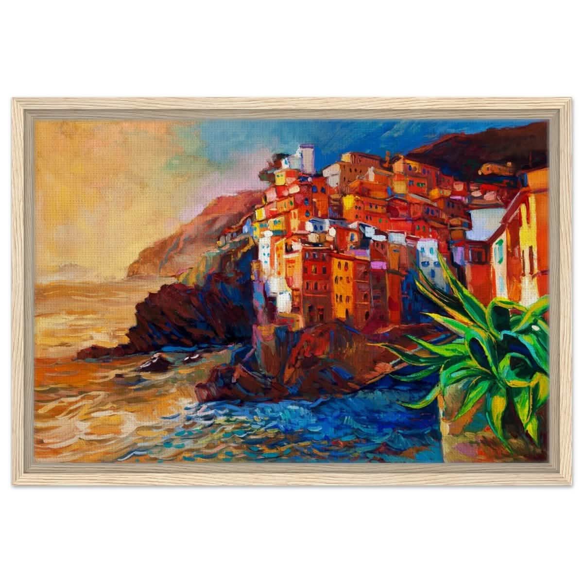 Mediterranean Glow: The Cliffside Hues | Wall art print | Post - Impressionism - Framed Canvas - 40x60 cm / 16x24″ - Wood frame