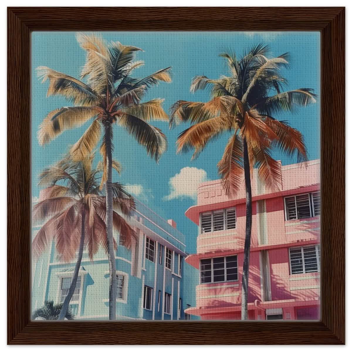 Miami Modernist Charm | Modern Urban Tropical Art - Framed Canvas - 30x30 cm / 12x12″ - Dark wood frame